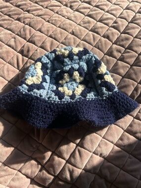 Handmade Crochet Kids Bucket Hat - Navy, Light Blue & Cream
